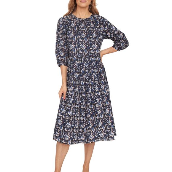 DRA Los Angeles NWOT Blue Black Floral Midi Fit & Flare Cotton Dress - Picture 1 of 13